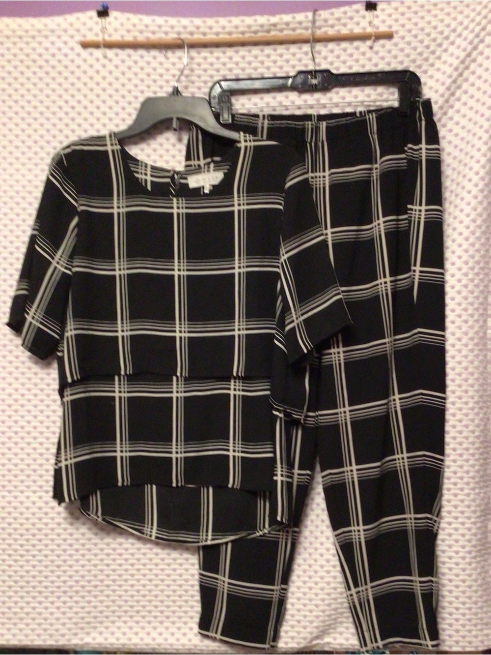 WAYF Windowpane Plaid Blouse with Plaid Elastic Waist Pants